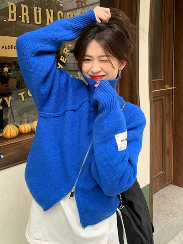 Klein Blue Zipper Open Cardigan Sweater Womens Fashion Spring Autumn Korean Style Versatile Short Top Street Style 260918