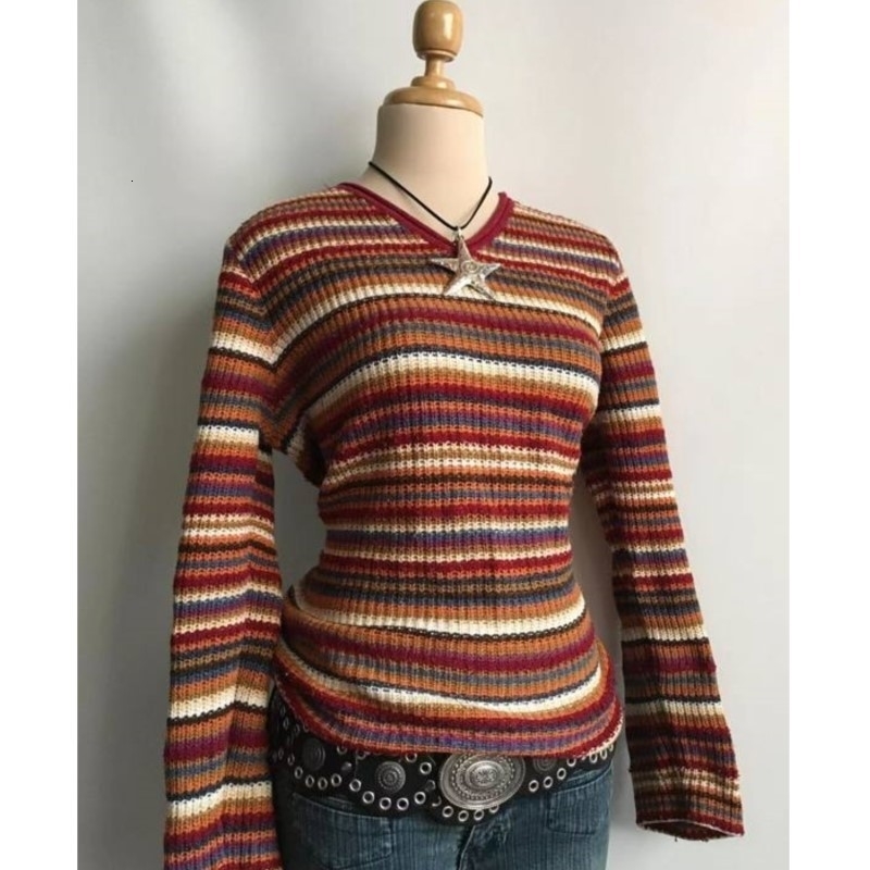 Y2K Striped Fit Knitted Pullovers Vintage Grunge Sweater Clothe Autumn Spring Fashion Long Sleeve Knitwear Spicy Girl y260917