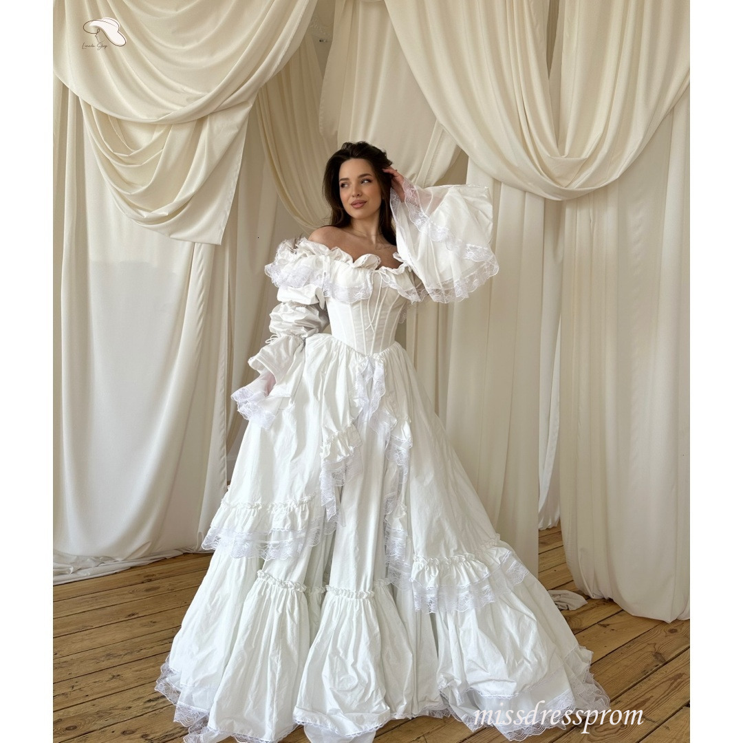 Elegant Off Shoulder Puff Sleeve Ruffle Wedding Dress Corset Tiered Long Bridal Gown Vintage Romantic Flowy Western Country Bridal Gowns Plus Size 9