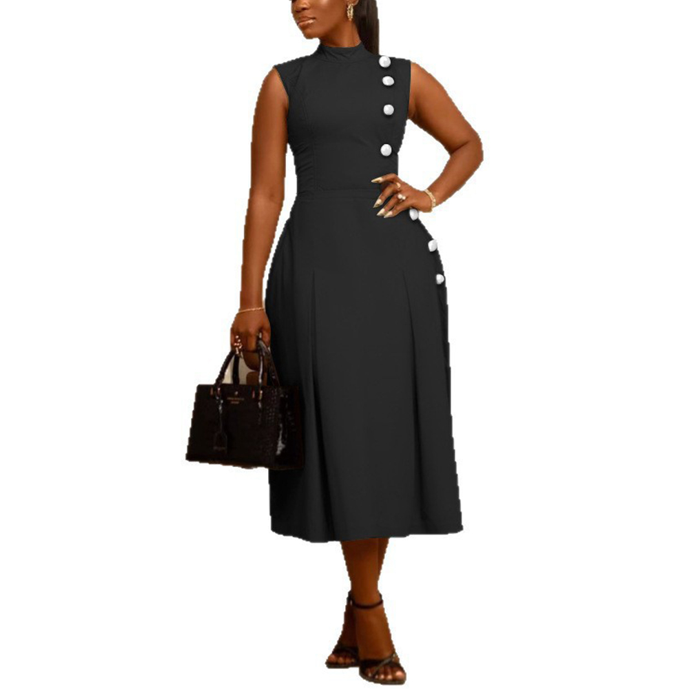 Elegant Women Sleeveless Dress A-Line with Stand-Up Collar & Waist Cinch