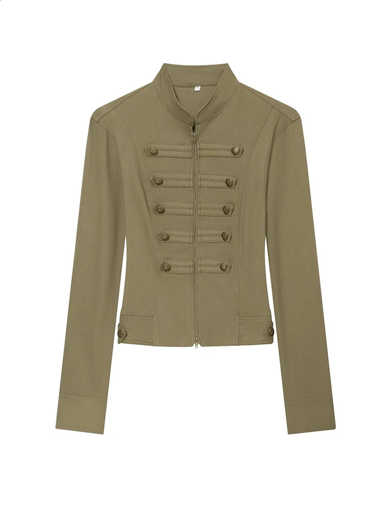 TFMLN 2026 Women Napoleon Style Jacket Vintage Stand Collar Double Breasted Button Zipper Cropped Slim Fit Outerwear Autumn 260918
