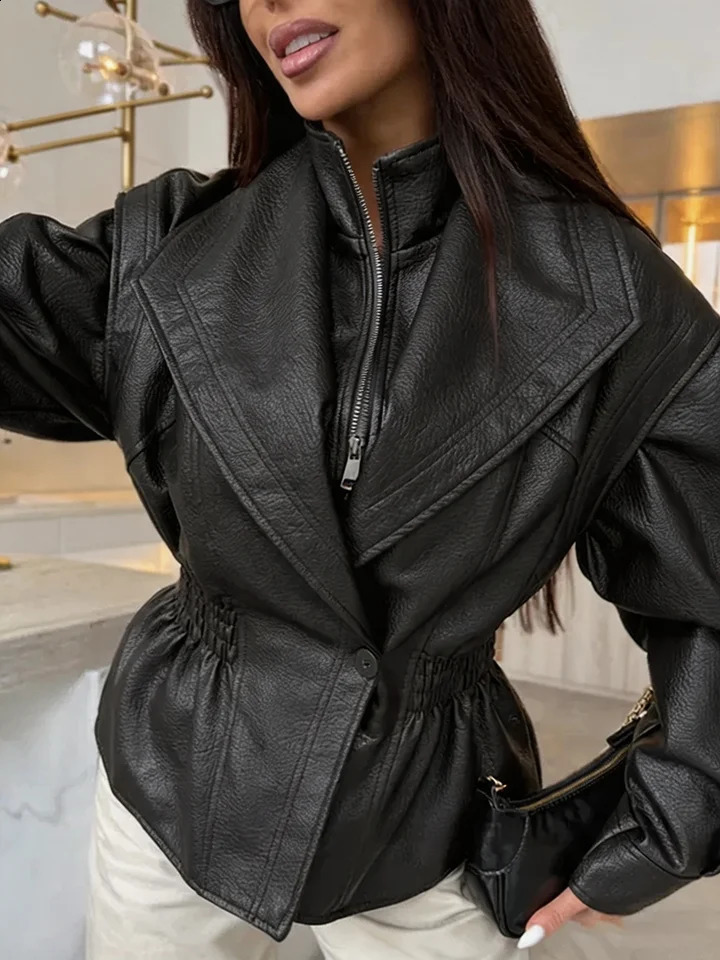 Autumn Winter Women Faux Leather Jacket Peplum Waist Ruched Back Zip High Collar Moto Coat Black 260917