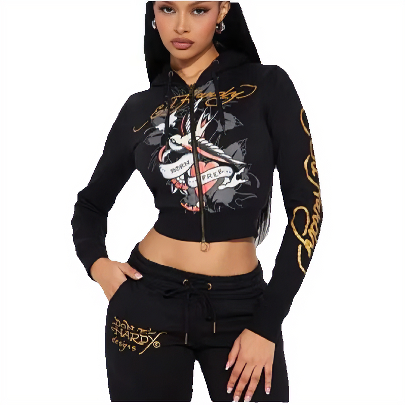 edhardey Tracksuits Womens Tracksuit Two 2 Piece Set Outfits Strapless Casual printed Pants Y2K straight trousers Street zipper hooded designer Trac