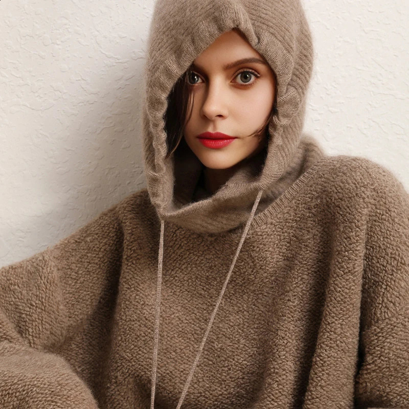 Cashmere Women's Winter Hat 100%Wool Soft Warm Balaclava Beanies Ear Face Neck Protect Dual-Use Fashion False Collar Hat Ski Cap 260917