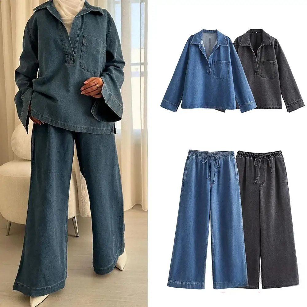 KONDALA Vintage Casual Denim Chic Women Suit V Neck Long Sleeve TopsElastic Straight Pants Fashion Fall Street Wear Sets 260917