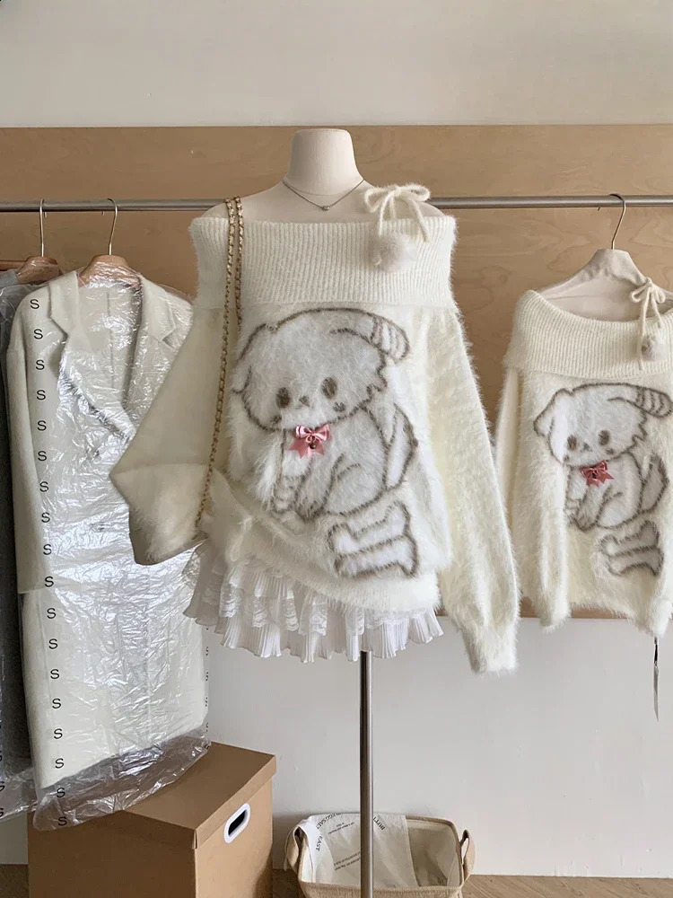 Fall Winter Women Sweet Korean Girl Slash Neck Cuddly Sweater Long Sleeve Pullovers 2000s Aesthetic Mori Girl Cozy Cute Core 260917