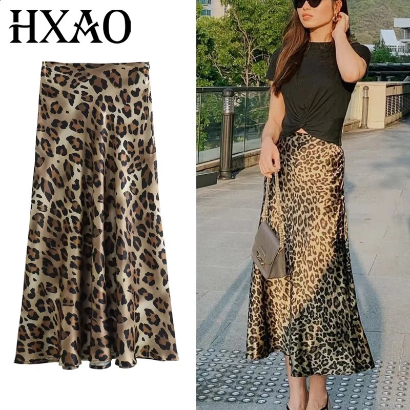 HXAO Leopard Print Women's Midi Skirt High Waist Stylish Long Skirts For Women Fall Vintage Satin Skirt Woman Elegant Skirts 260917