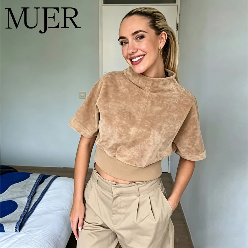 MUJER Faux Suede Cropped Jacket Women Top Fitted Jacket Woman Short Sleeve Varsity Jackets for Women Streetwear Women's Coats 260917