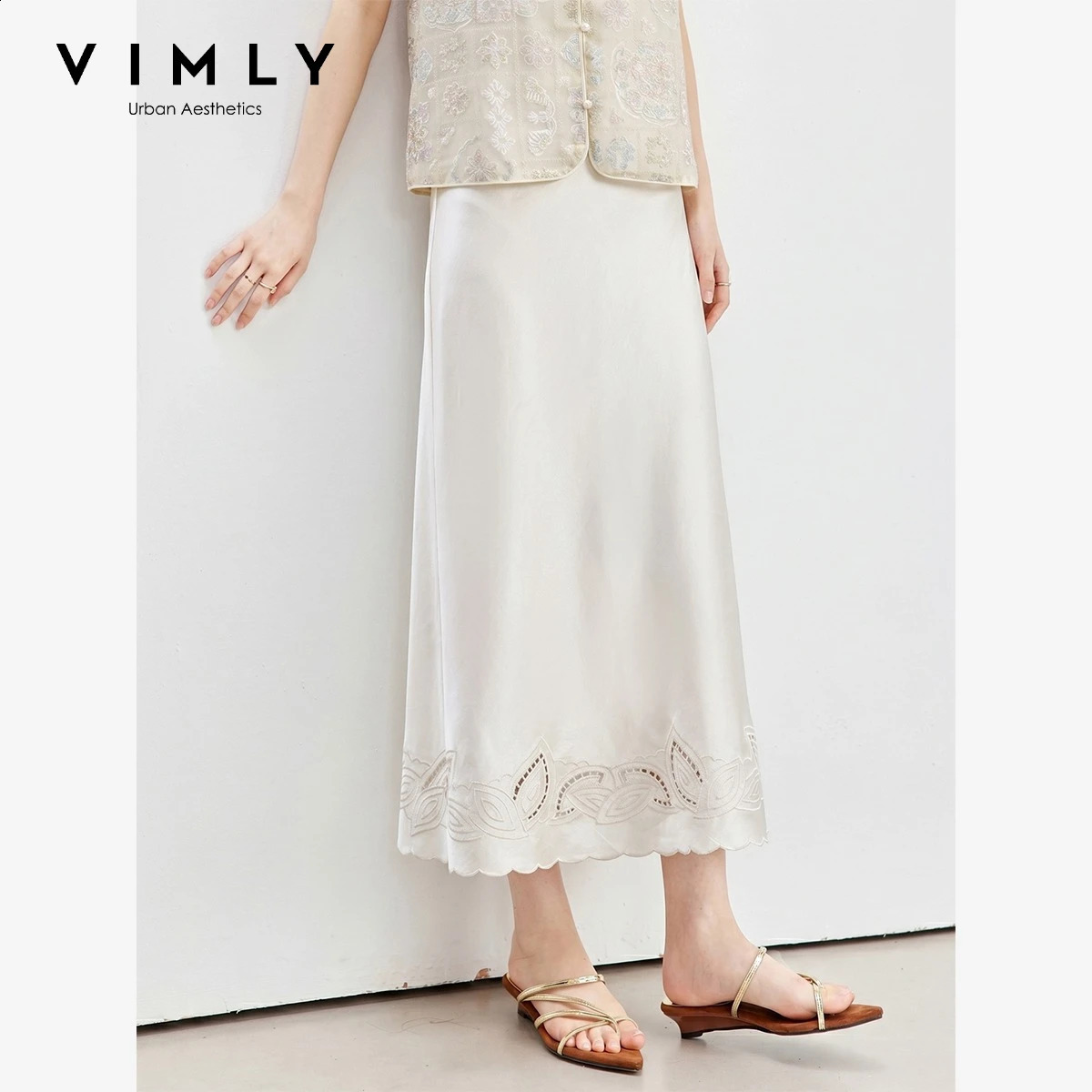 VIMLY Women's Elegant Apricot Satin Skirt 2026 Summer Hollow Out Embroidered A-Line Long Skirt Ladies Clothing A6651 260917