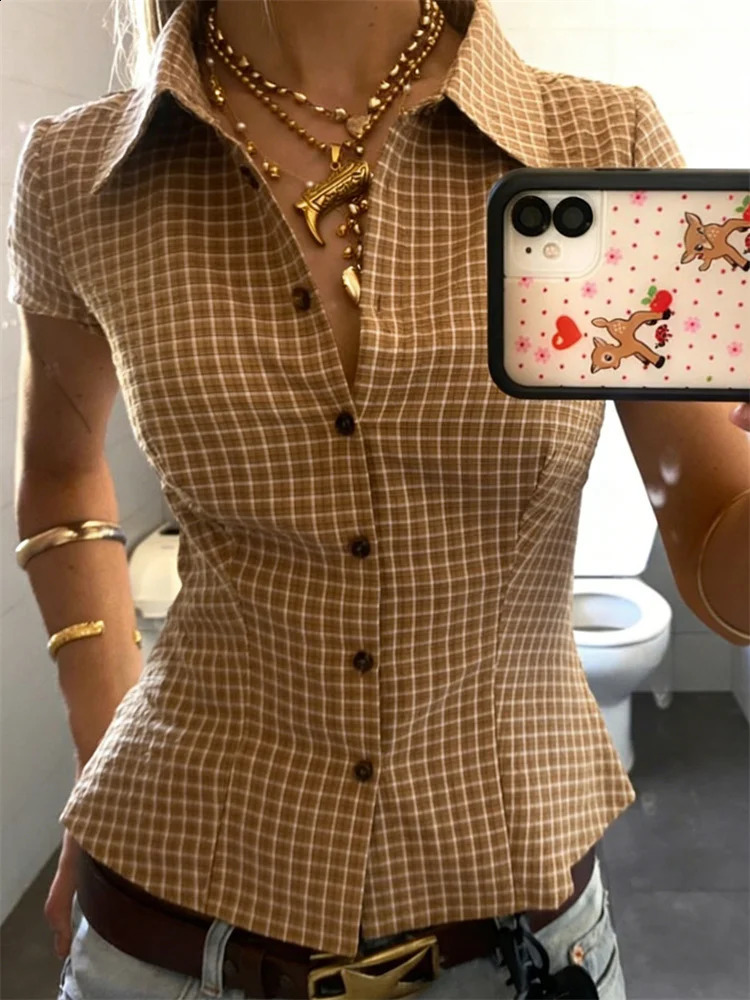 Women's Y2K Short Sleeve Plaid Button Down Shirt Button Down Blouses Tops Casual Summer Shirt Tops 90s Streetwear 260917