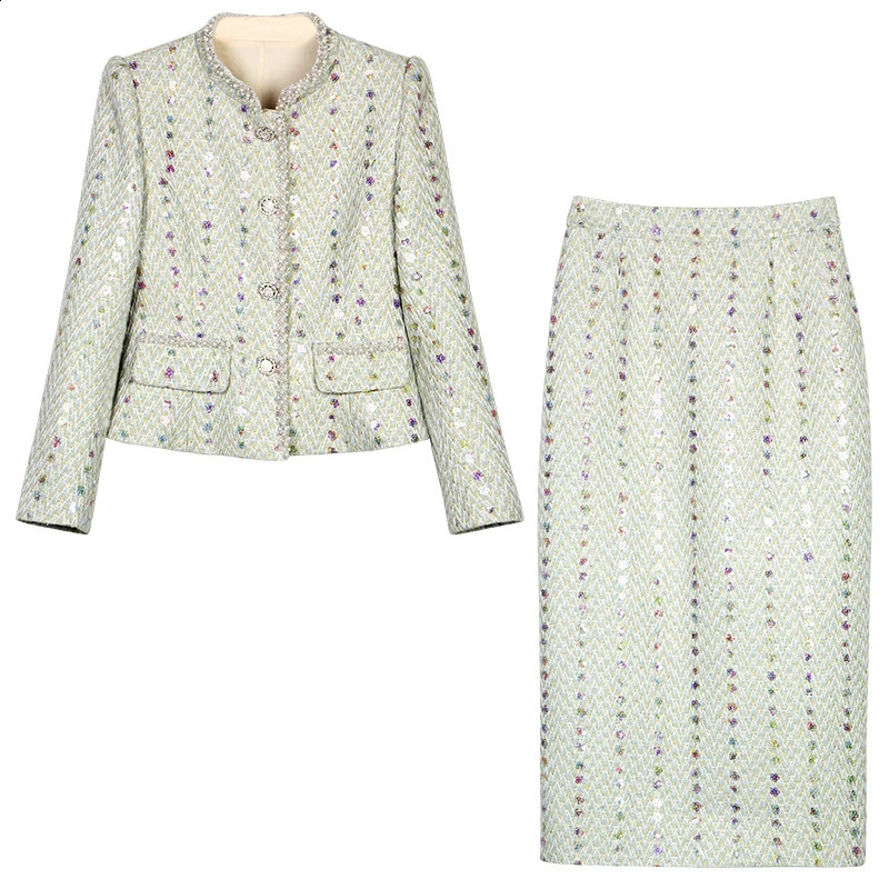 Fashionable and Elegant Light y Socialite Heavy Industry Sequin Temperament Small Fragrance Jacket Slim Skirt Suit 260917