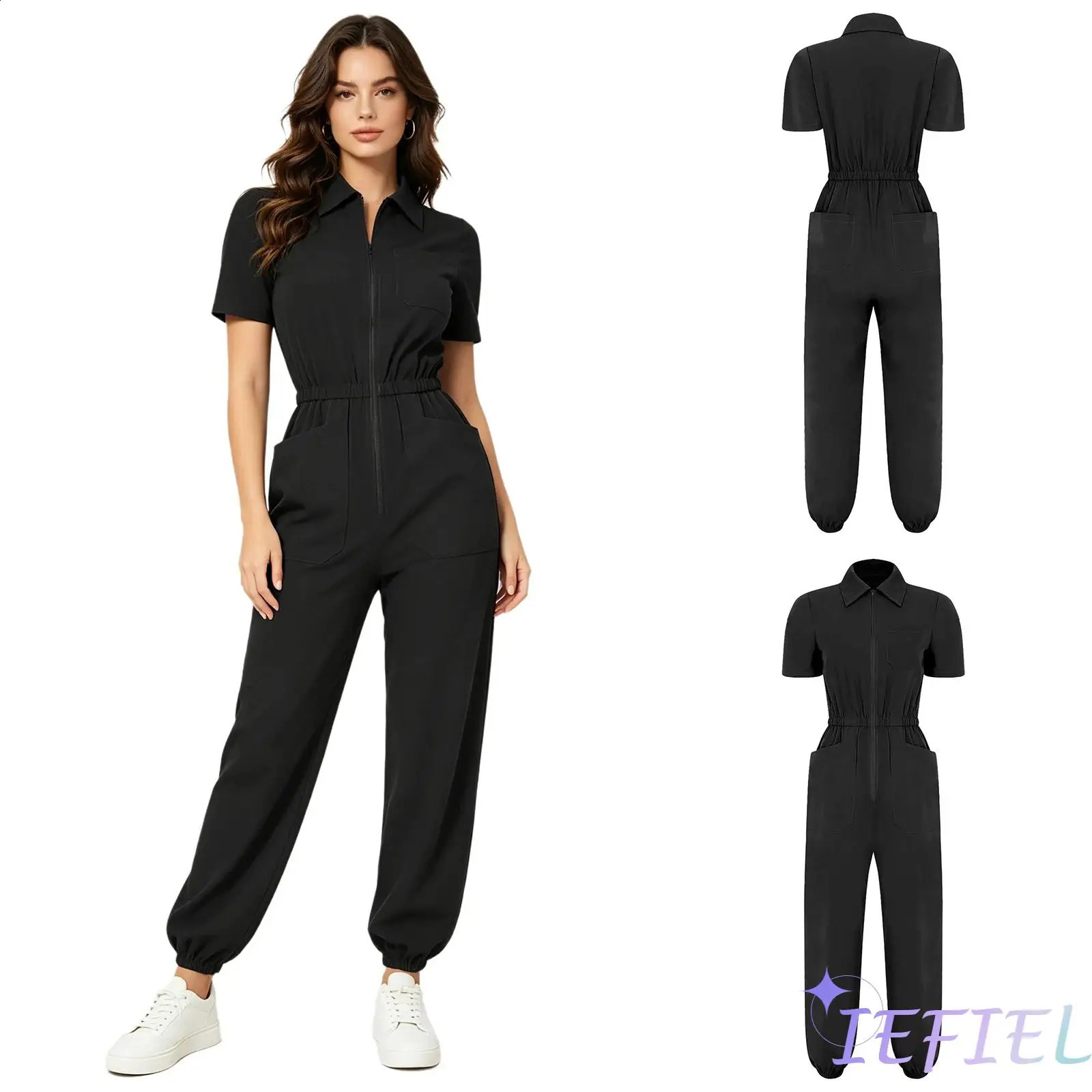 Womens Short Sleeve Scrubs Jumpsuit Front Zipper Elastic Waist Jogger Pants Rompers Nurse Doctor Workwear for Caring Nursing 260918