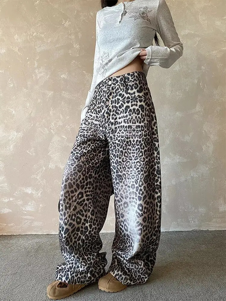 Y2K Leopard Print Jeans Women American High Street Retro Washed Casual Straight Leg Loose Slimming Wide Leg Long Weight 260917