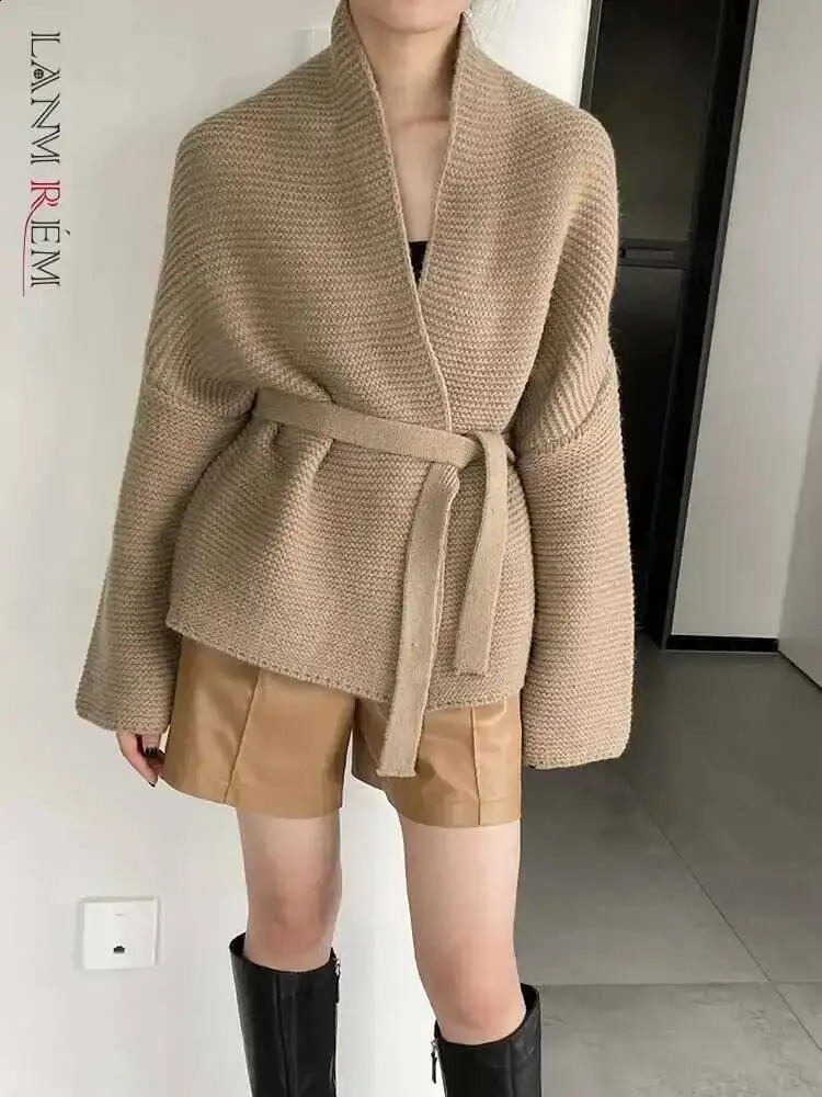 LANMREM Elegant Knited Cardigan Women's Spring V-neck Solid Color Belt Gathered Waist Short Loose Sweaters 2Z2901 260917