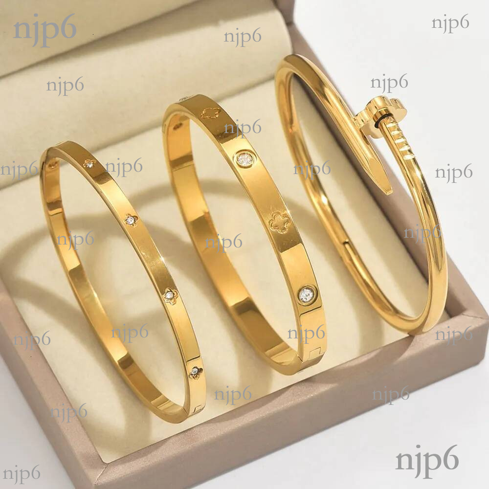 Luxury Brand Designer Jewelry Stainless Steel Bracelet Set With Diamond-Studded Studs, Small Waist Four-Leaf Clover Bracelet, Gold Bangles