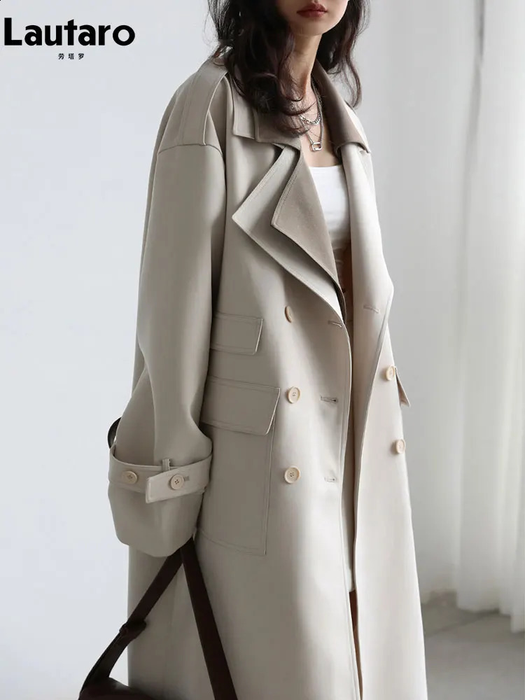 Lautaro Spring Autumn Long Patchwork Trench Coat for Women Elegant Chic y ner 2 Pieces Clothes Runway Fashion 260917