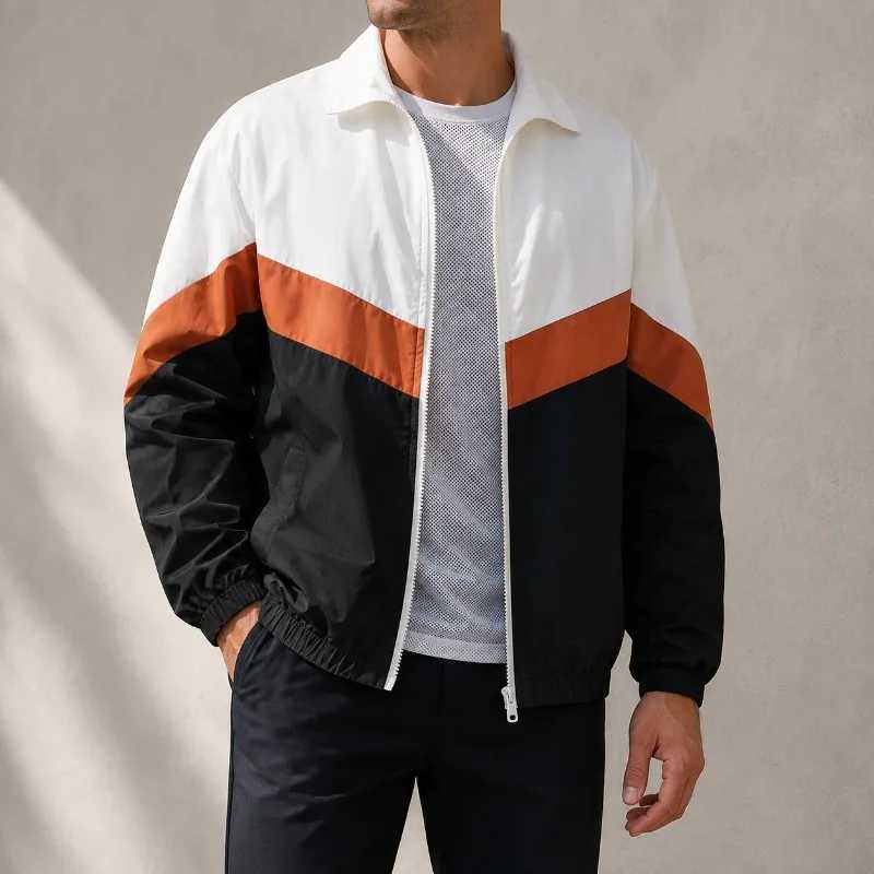 Men's Casual Color Block Jacket Full Zip Long Slve Turn Down Collar Strtwear Spring Autumn Regular Fit Outerwear Coat S2609180J6Y