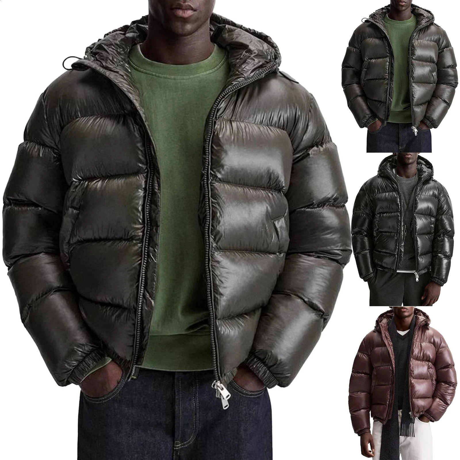 Men'S Casual Warm Outerwear Solid Color Hooded Jacket Zipper Hood Thickened Down Coats Fashionable Hiking Camping Outerwear 260917