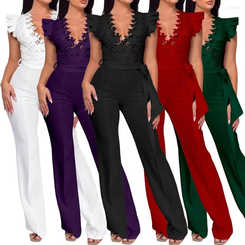Spring /Summer Solid Color Sexy Lace Sleeveless V-neck Splicing Slimming Jumpsuit Pants Office Commuter Casual Clothing