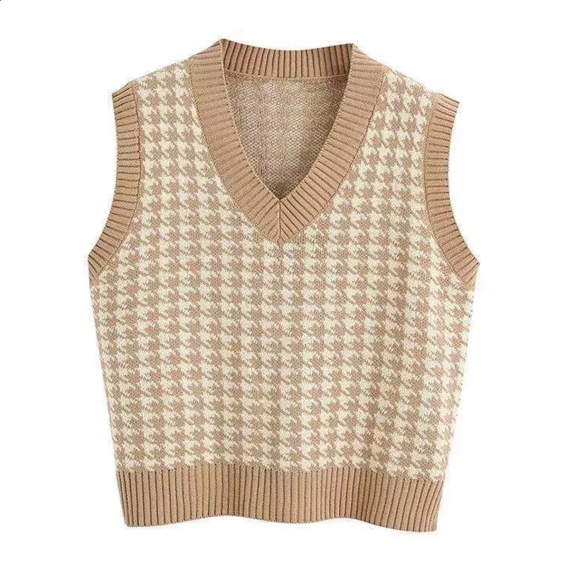 Sleeveless Geometric Houndstooth Sweater Vest Women V Neck Pullover Casual Knitted Fall Winter Sweet Jumper Korean Knitwear 2025 260916