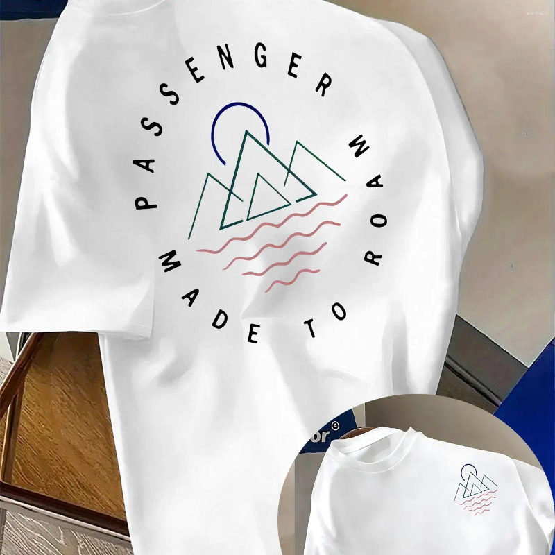 Men's Light Blue T-Shirt - Mountain Graphic Tee With Passenger Design Breathable Summer Shirt For Travel Hiking Beach