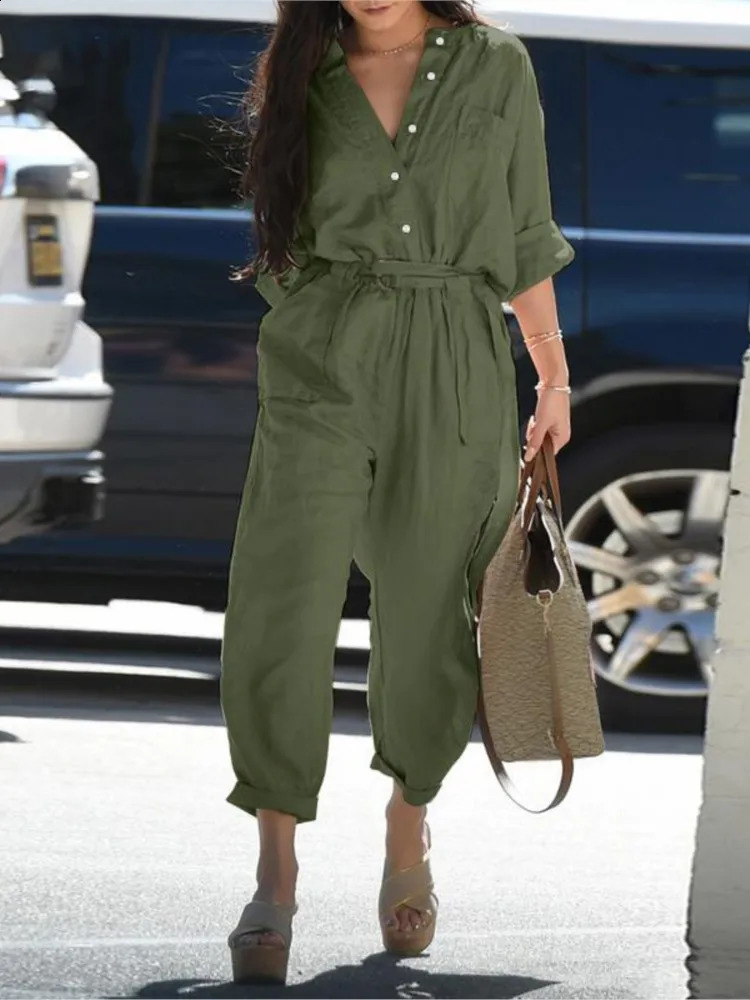 Spring Autumn Cotton And Linen Jumpsuit Women Solid Color Long Sleeves High Waist Leaceup Casual Vintage Ladies Jumpsuits 260918