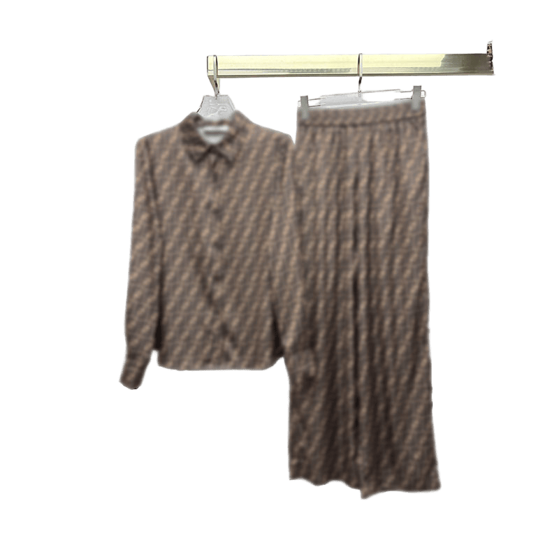 New designer women's clothing summer fashion trend retro casual high-quality printed brand letter lapel button long sleeved shirt wide leg pant