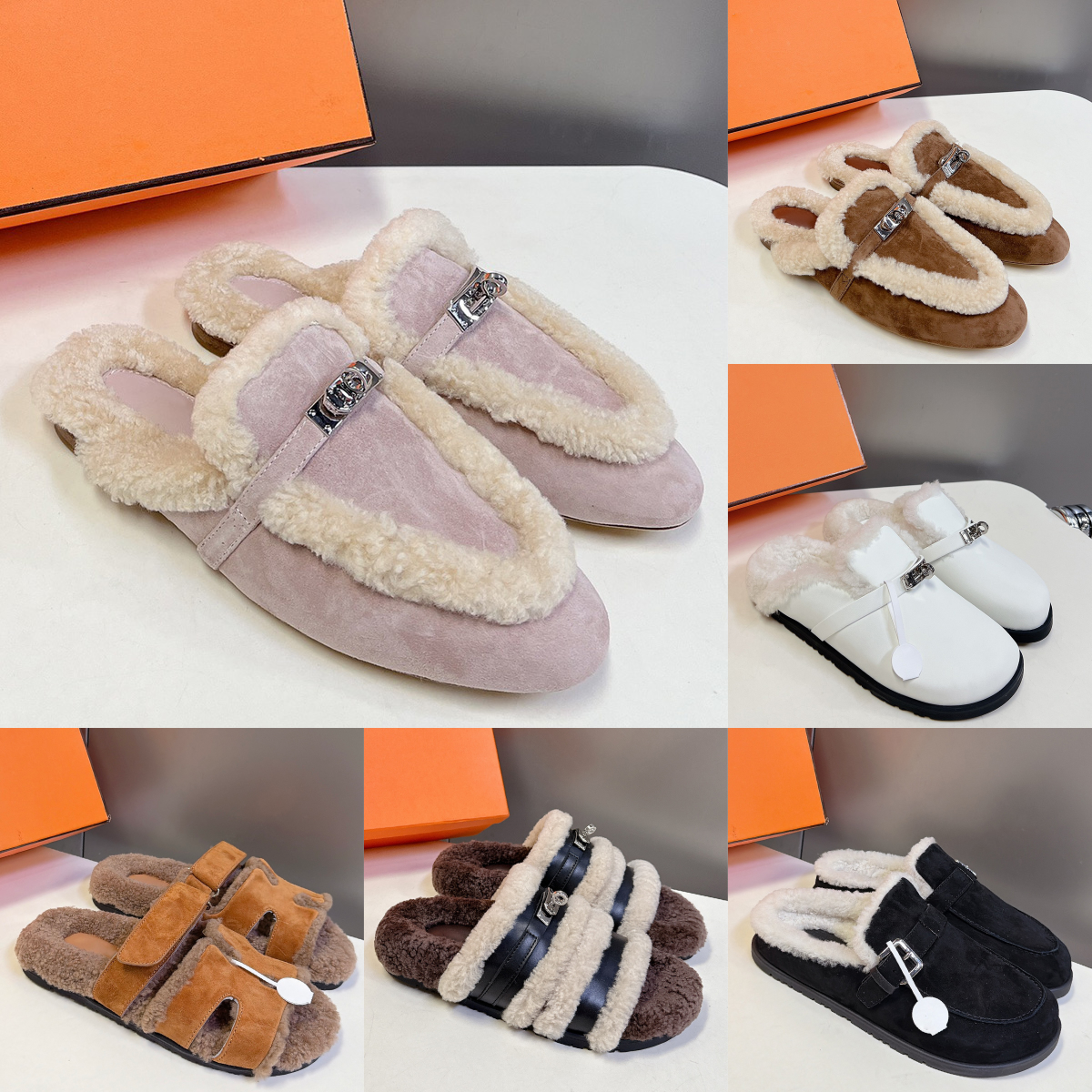 Top Designer Women's Genuine Leather Lamb Fur Slippers hersmed 2026 New Autumn and Winter Season Velcro Fleece Lined Warm Fashionable and Versa