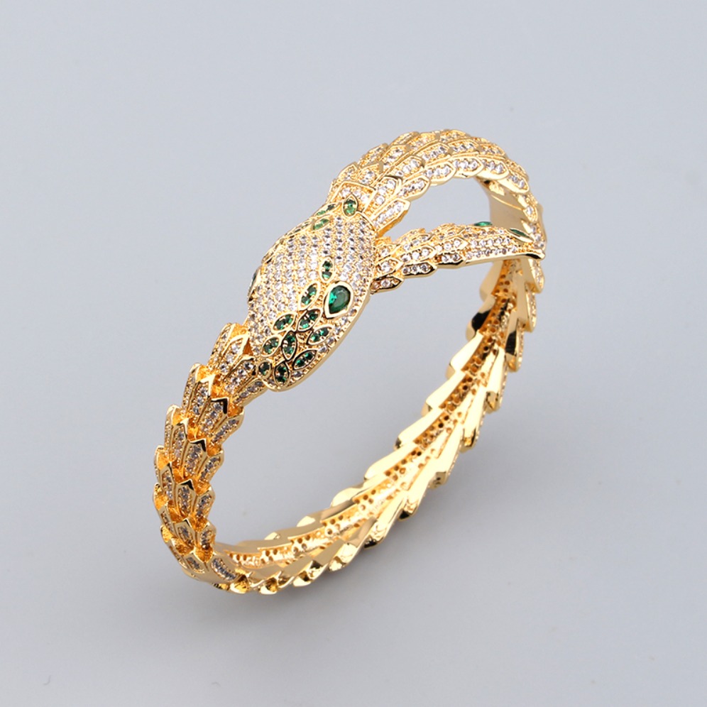 Luxury Gold Plated Peacock Bangle Full Micro Pave Crystal Green Stone Statement Bracelet Women Fashion Party Jewelry Gifts