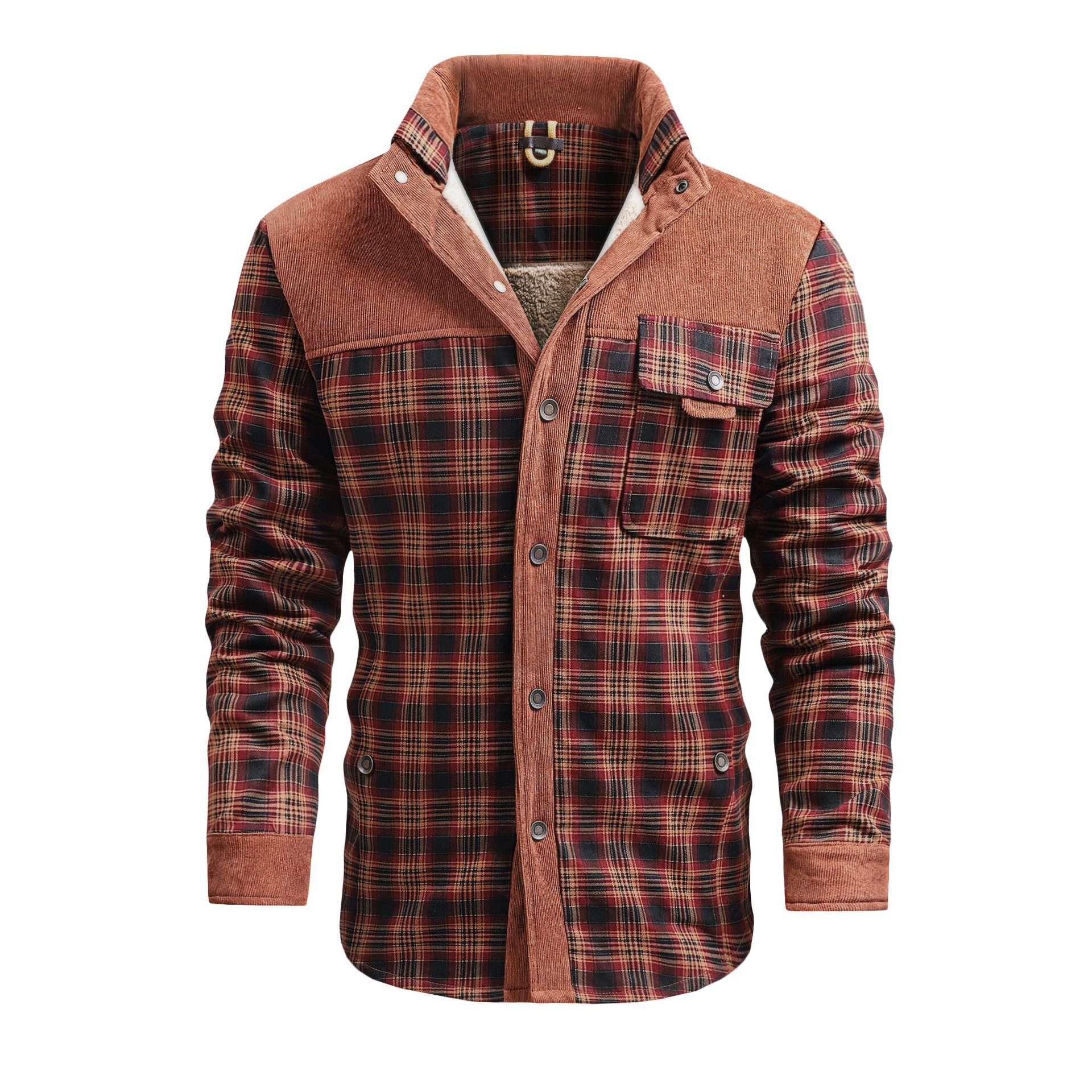 Men's Warm Plaid Autumn Winter Fleece Lined Export Large Jacket Shirt European Size Trendy Wish Men's Coat Wool Overcoat Velvet Windbreake
