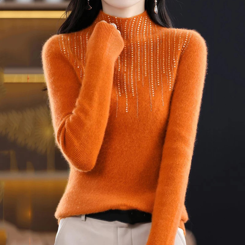 Lucyever y Shiny Crystal Turtleneck Sweaters Women Fashion Slim Rhinestones Knitted Jumper Ladies Solid Soft Warm Pullover 260917