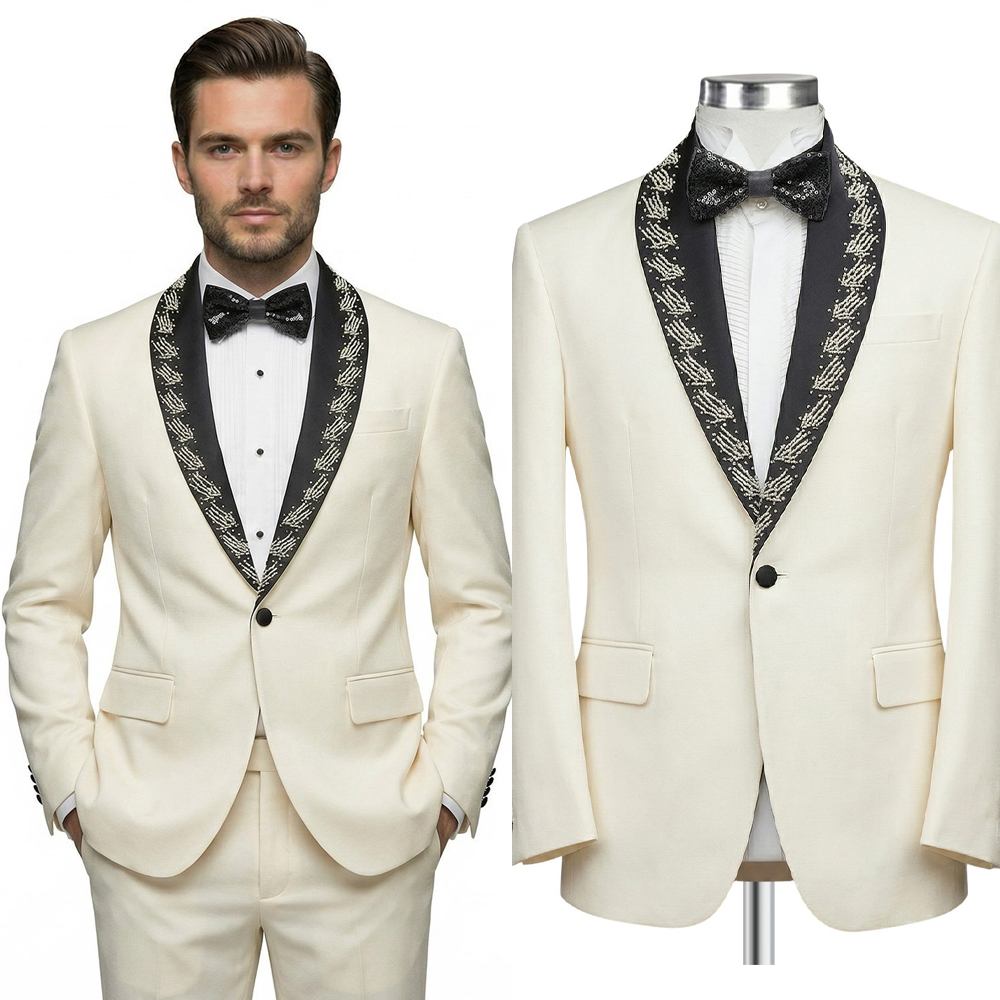 Fashion Beaded Men's Suits One Button Shawl Lapel Prom Male Blazers Customized Groom Wedding Tuxedos 2 Pieces Costume Homme