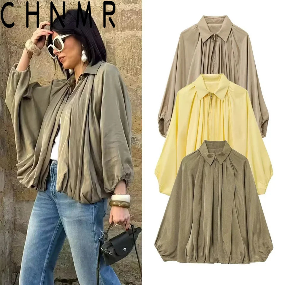 CHNMR Elegant Ruched Satin Jackets for Women Spring Fall Casual Zipper Jacket Long Sleeved Coats Female Chic Outerwears 260918