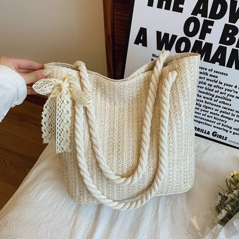 Summer Fashion Lace Ribbon Women Straw Shoulder Bags Large Capacity Ladies Handbags Casual Ladies Armpit Bag Tote 260917
