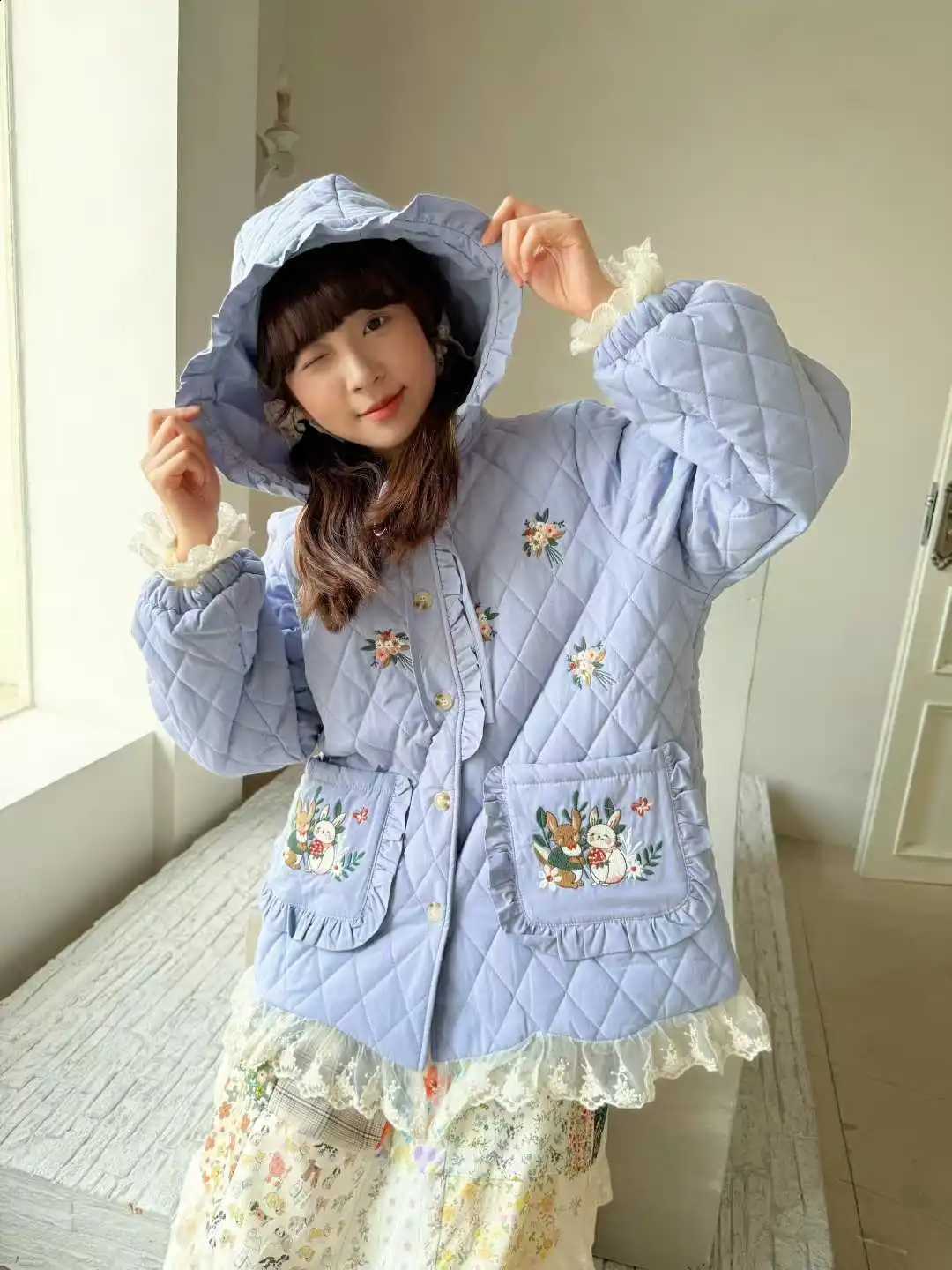 Blue Vintage Embroidery Kawaii Winter Hooded Parka Women Japanese Mori Lace Ruffled Patchwork Casual Cotton Padded Jacket Coat H260917