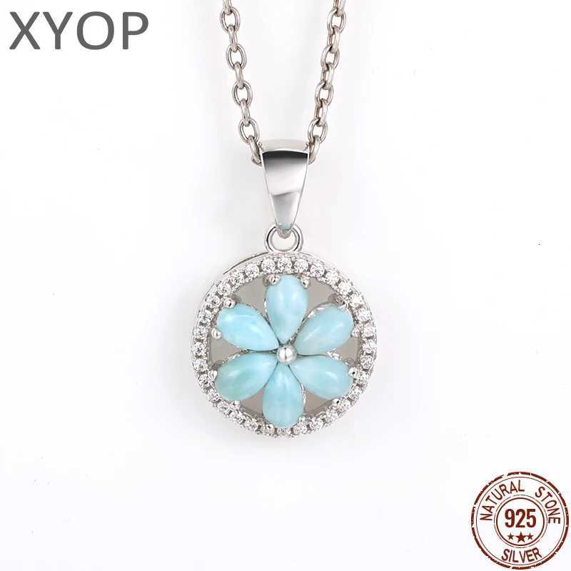 New Trend Classic Charm 925 Sterling Silver Jewelry Gifts Retro Flower Natural Precious Larimar Pendant Necklace for Woman Q260916