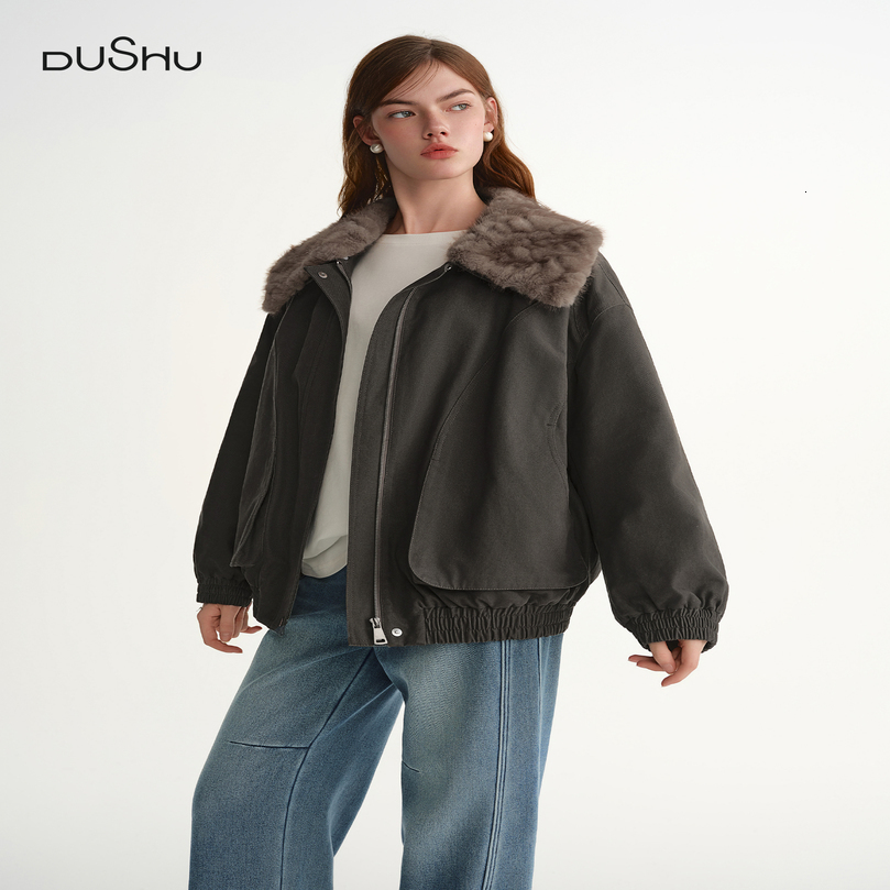 DUSHU Winter Womens Detachable Faux Fur Collar Utility Down Jacket Warm Parka Coat with Multiple Pockets for Outdoor 260915