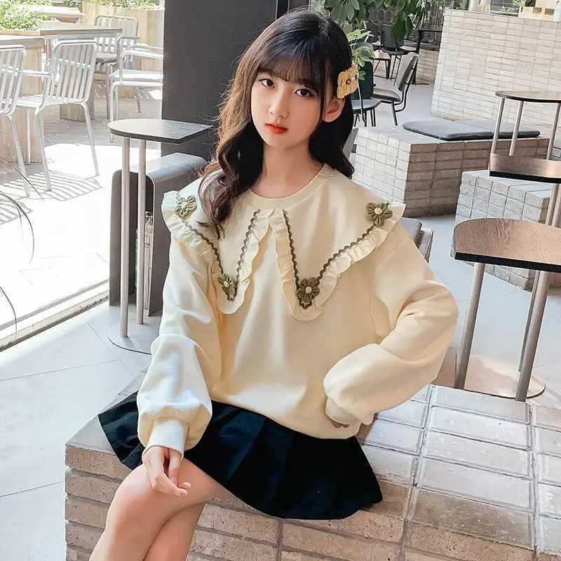 2025 Autumn New Sweatshirts Girls' Korean Ruffled Collar Long Sle Fleece Plover - Middle Large Size Kids Versatile TopW260917