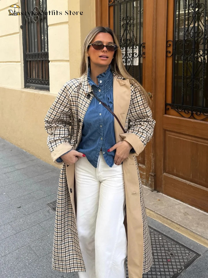 Doubleside Long Trench Coats Womens Loose Full Sleeves Singlebreasted Pockets Lapel Coats 2026 Ladies Spring Outwear 260918