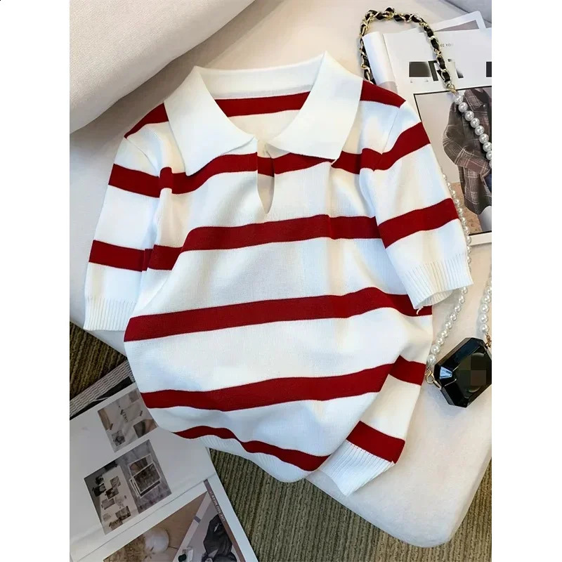 2026 Striped Pattern Collared Sweater Versatile Short Sleeve Knitted Top For Spring Summer Women's Clothing Crop 260916