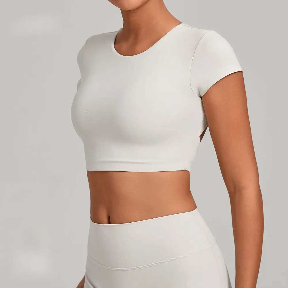 Gym Workout Clothes Backless Running Sports Top Double-layer Stitching No Chest Pad Yoga Wear Fitness Short Sleeve for Women Q260917