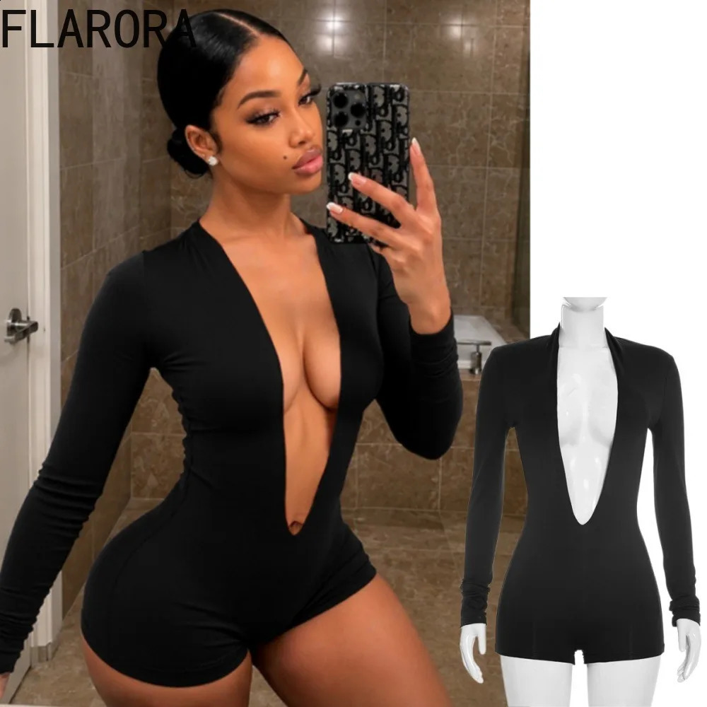 FLARORA Sexy Deep V Neck Slim Rompers Woman Solid Color Full Sleeve Stretch Skinny Peach Hip Playsuits Girl Party Clubwear 260918