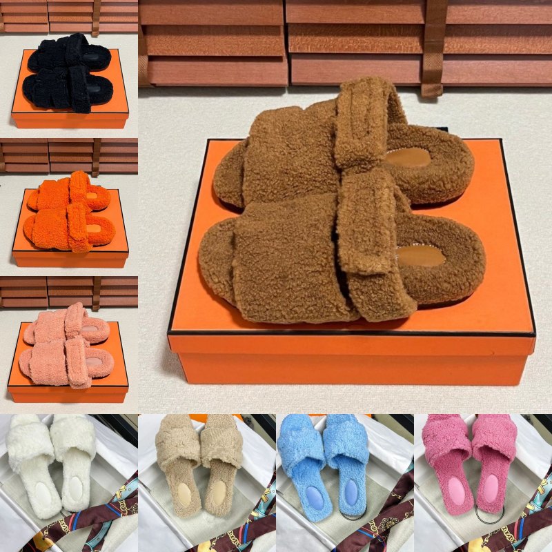Womens Luxury Furry H Slides Designer Fluffy Fur Slippers Classic Wool Winter Sandal White Black Brown Khaki Flat Ladies Slide Shoes Chypre Skin Sli