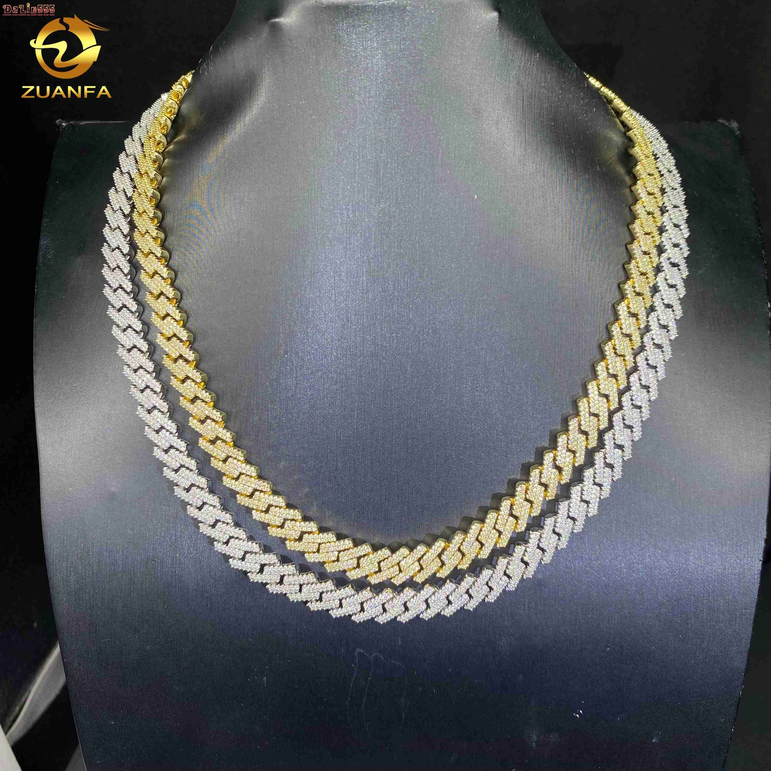 High Quality Gold Plated 10mm 2Row Iced Out Hip Hop Jewelry Miami Cuban Bracelet 925 Silver VVS Moissanite Diamond Necklace