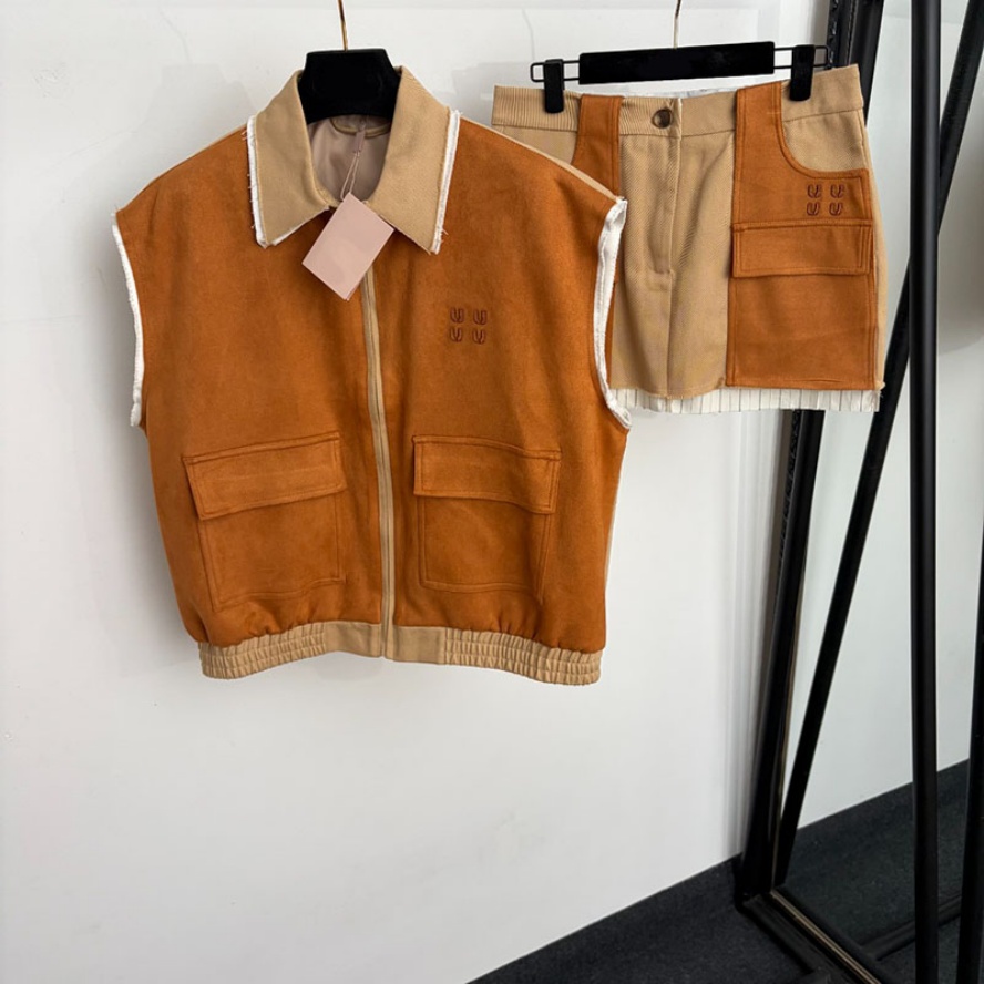 Women Designer Vest A Line Skirt Set Luxury Suede Vintage Slim Fit Waistcoat Mini Skirt Suit Summer Travel Vacation Blouson Jacket Dress Set