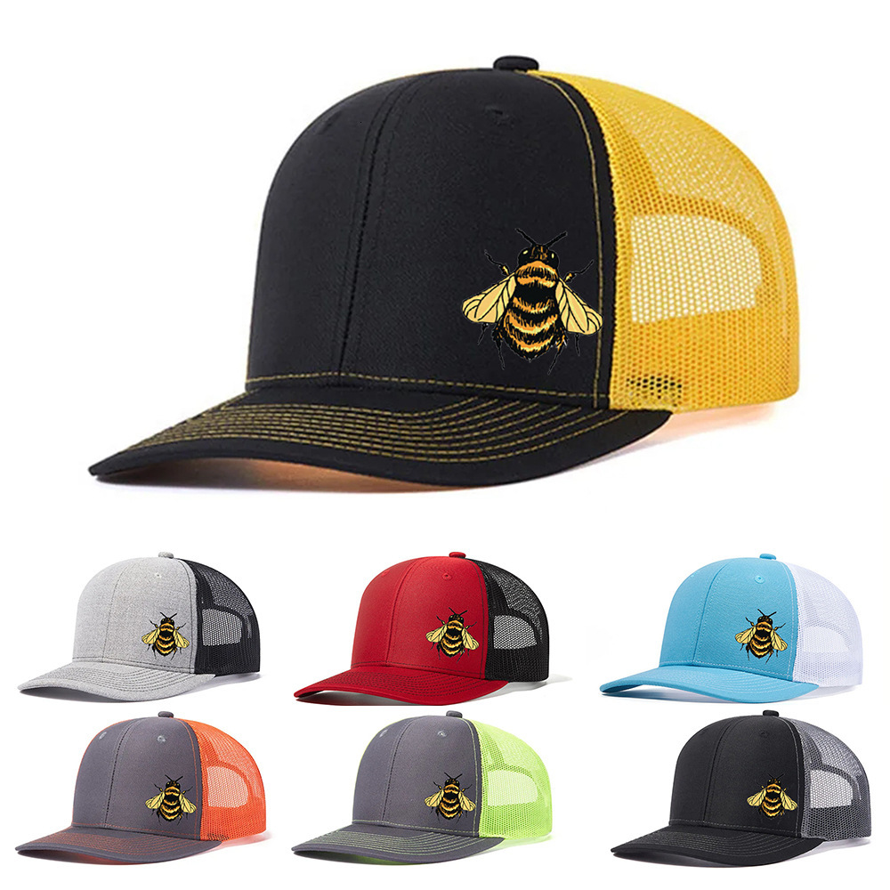 Cartoon Little Bee Casual Unisex Mesh Adult Adjustable Flat Brim Sun Hat Baseball Cap With Heat Transfer Print Luxury Cap Brand Designer Hat