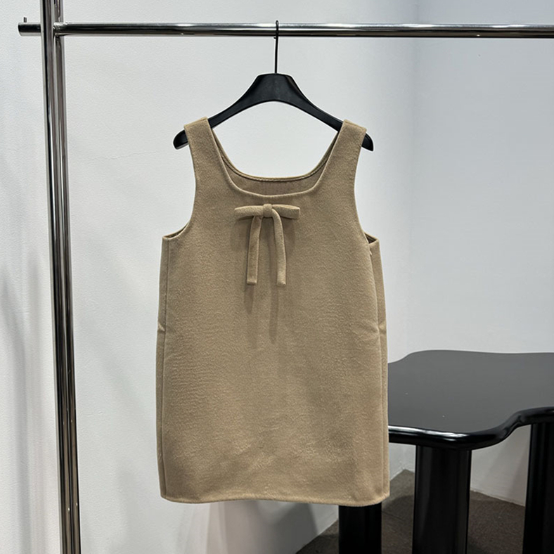 Elegant Women Bow Dress Cute U Neck Sleeveless Straight Wool Light Tan Dresses Summer Sexy Dating Birthday Party Mini Dress