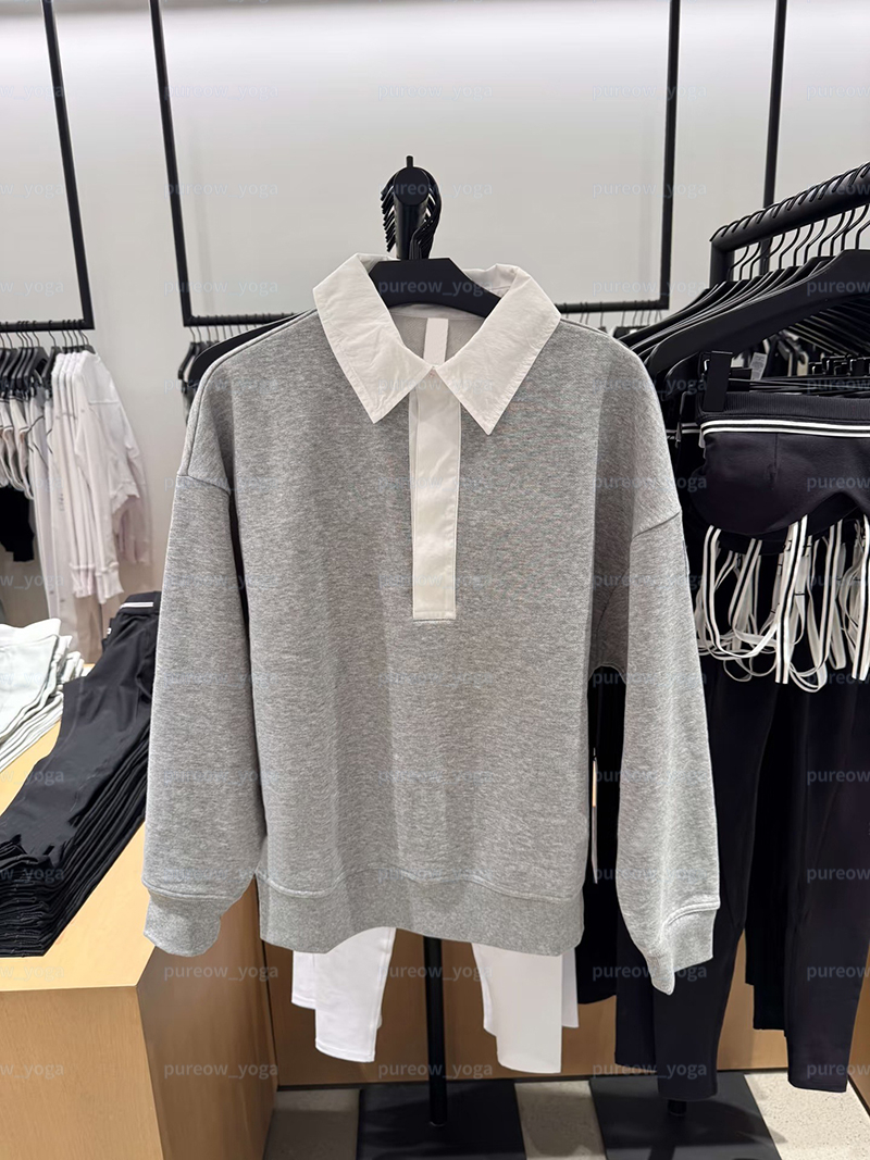 Womens Sweatshirt Grey Black Polo Lapel Collar Long Sleeve Henley Pullover Spring Autumn Cotton Hoodie Sports Casual Versatile Comfortable Loose Fit