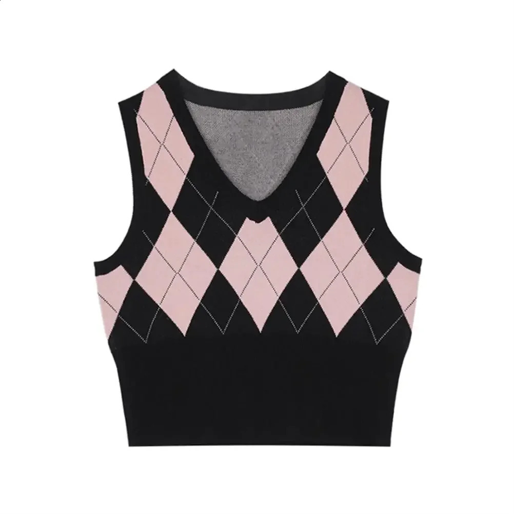 Vintage Plaid Sweater Vest Women V-neck Sleeveless Tank College Style Knitting Pullovers Tops for Daily 260917