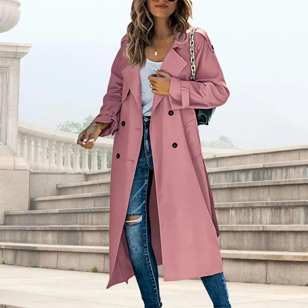 Women Trench Coat Windproof Double-Breasted Lady Outerwear Solid Color Lapel Long Overcoat For Autumn Spring Women Clothing 260917